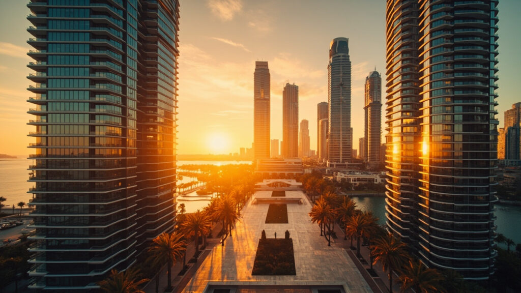 A modern glass-and-steel skyscraper in a Gulf financial district at sunset, its reflective facade catching warm amber light, with a marina a