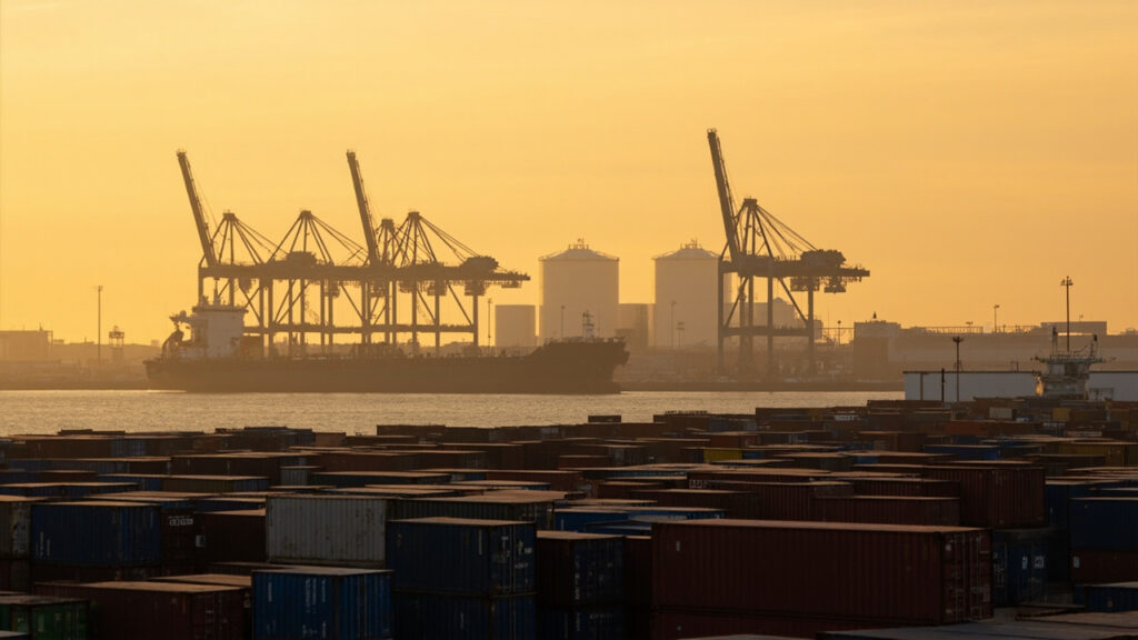 A container ship docked at a port at sunset, with stacked cargo containers and large cylindrical fuel storage tanks visible across the quays