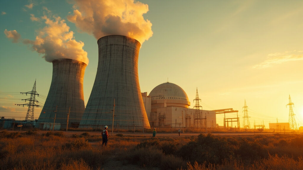 A nuclear power station at golden hour showing two concrete cooling towers releasing thin steam beside a domed reactor containment building,