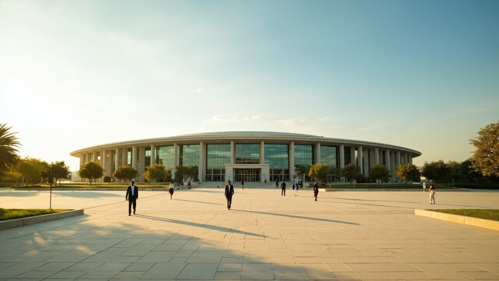 An exterior view of a large modern institutional headquarters building with curved architectural lines and glass facades, surrounded by land