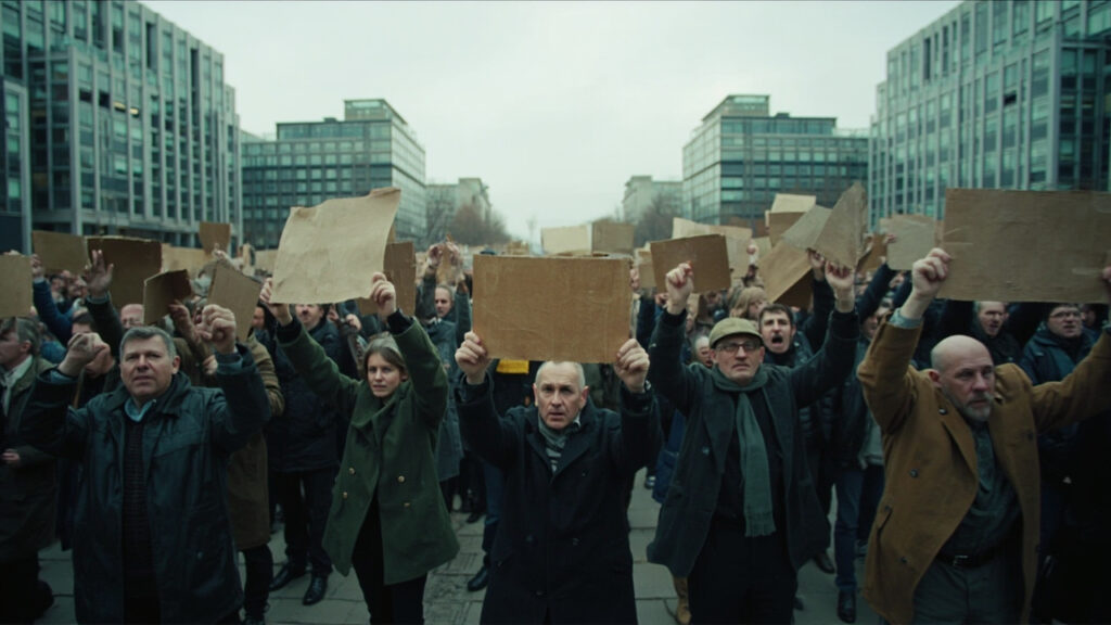 A large crowd of demonstrators gathered in a central European city square, many with raised arms and handmade placards, with modern glass of