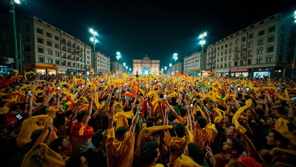A dense crowd of football supporters in national colours cheering, jumping and waving scarves in a large urban public square at night beneat