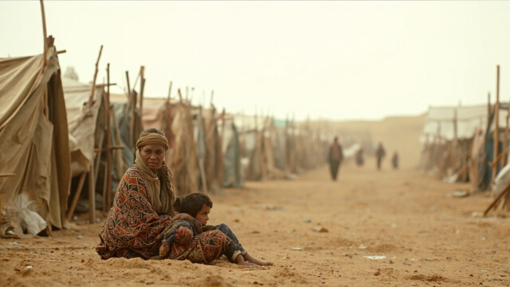 A displaced woman and her children sitting in front of a makeshift fabric-and-pole shelter on bare dusty ground, with rows of similar tempor