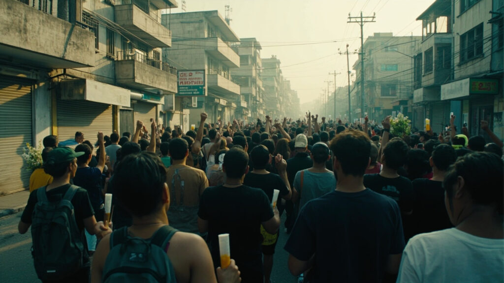 Crowds of people marching down an urban avenue in a memorial procession, carrying lit candles and bundles of white flowers, surrounded by mi