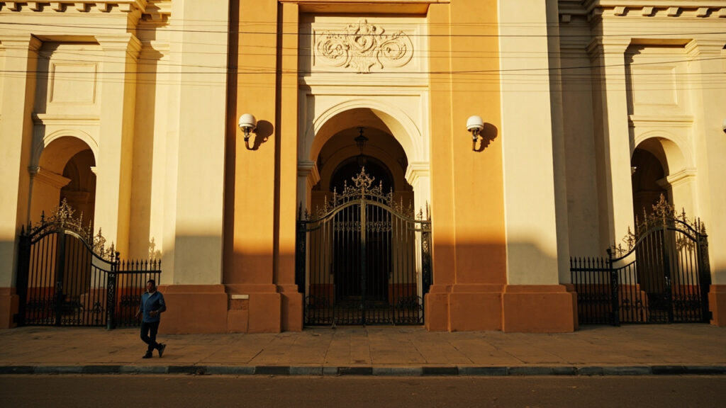 A street-level view of an imposing government building in a southern African capital, with security cameras above its closed metal gates and