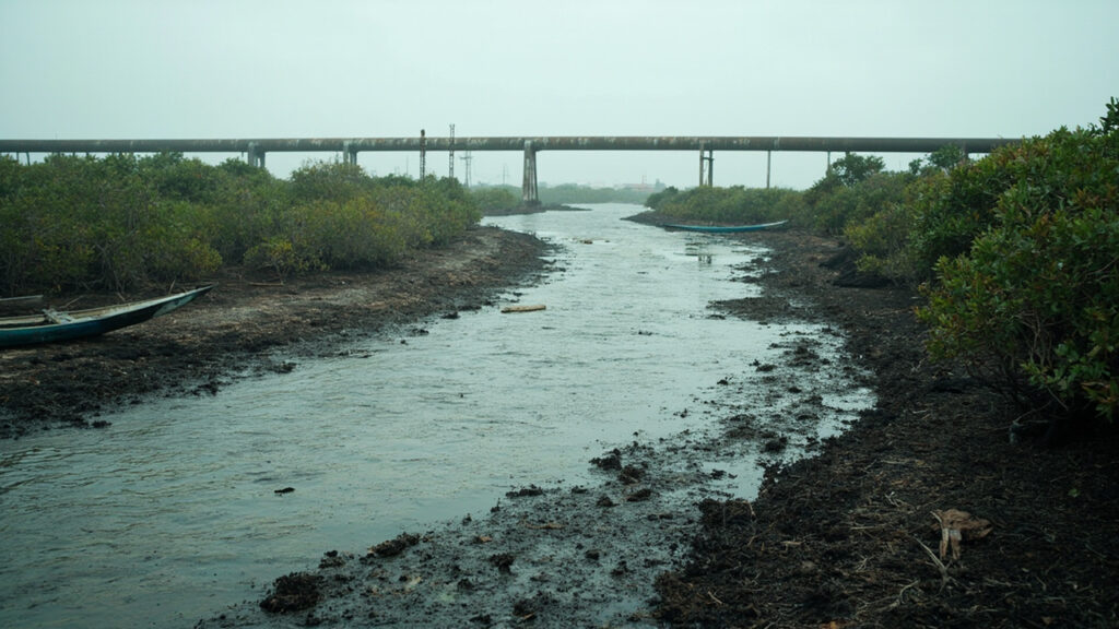A polluted mangrove waterway with a dark oil sheen coating the creek surface, blackened sediment staining the banks, mangrove roots slicked