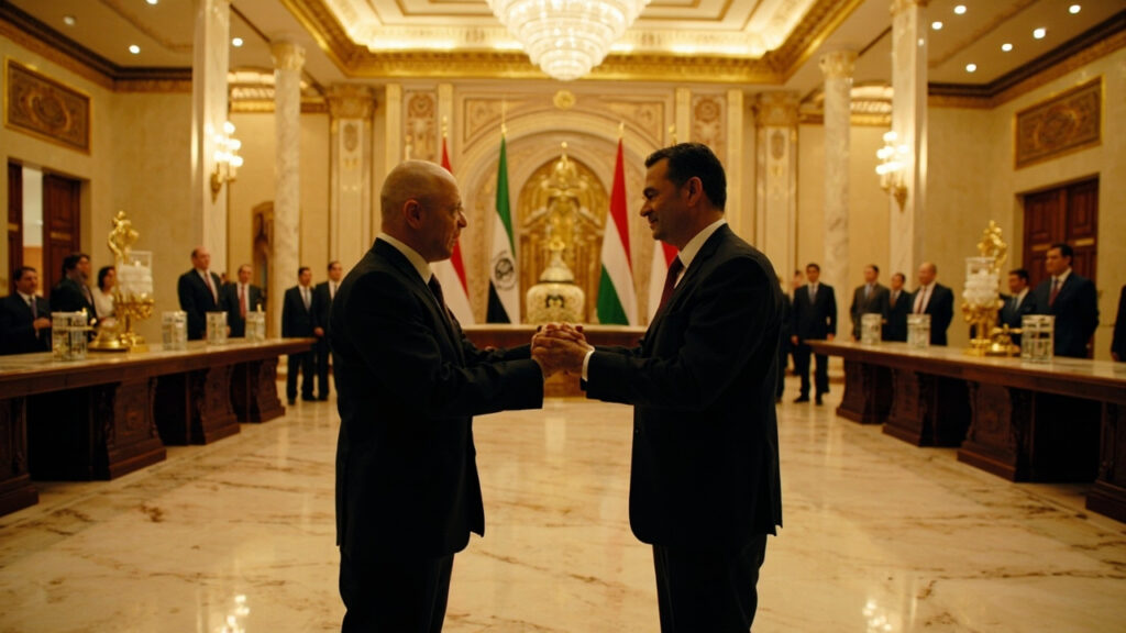 Two figures in dark formal suits shake hands at the center of an ornate reception hall, with national flags behind them and aides standing n