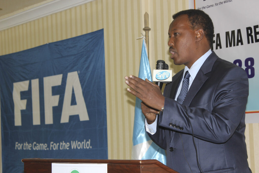 Somali referees during a FIFA Member Association Refereeing Course held in Mogadishu in 2015, with a Somali Football Federation official speaking at the opening.