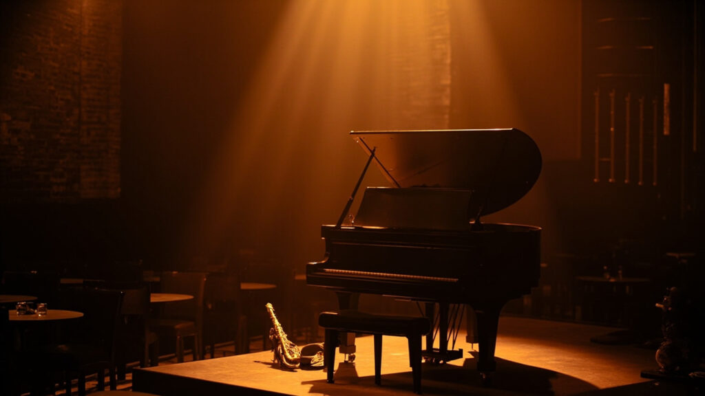 A grand piano sits on a dimly lit jazz club stage under a warm amber spotlight, with empty wooden chairs in the foreground and a saxophone r