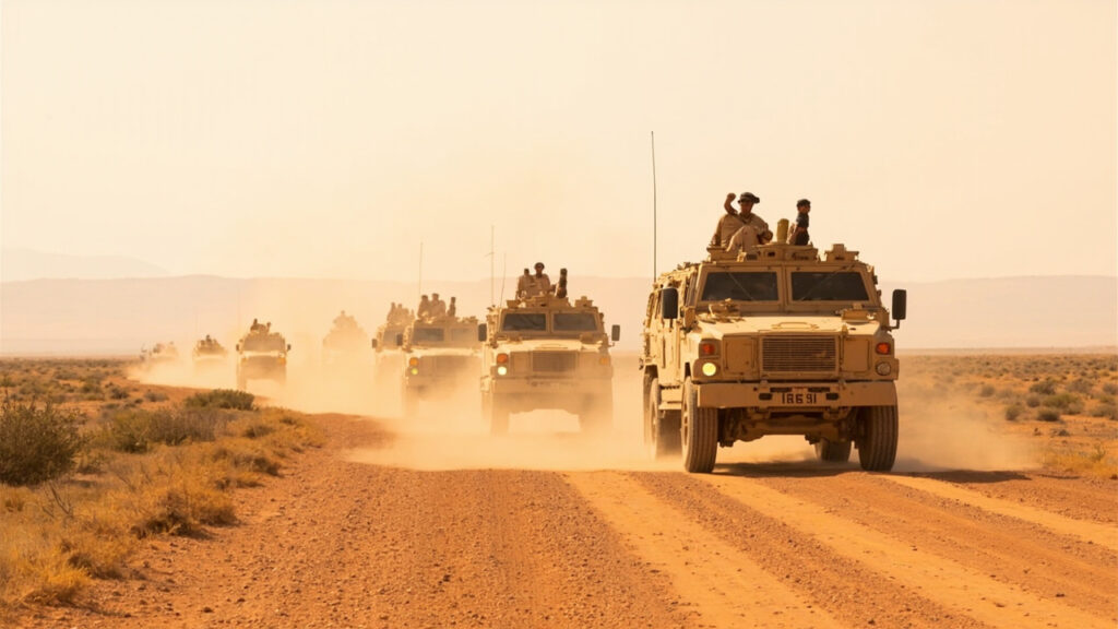 A column of sand-coloured military vehicles travels along a dusty unpaved road through a vast, flat arid landscape under a pale hazy sky.