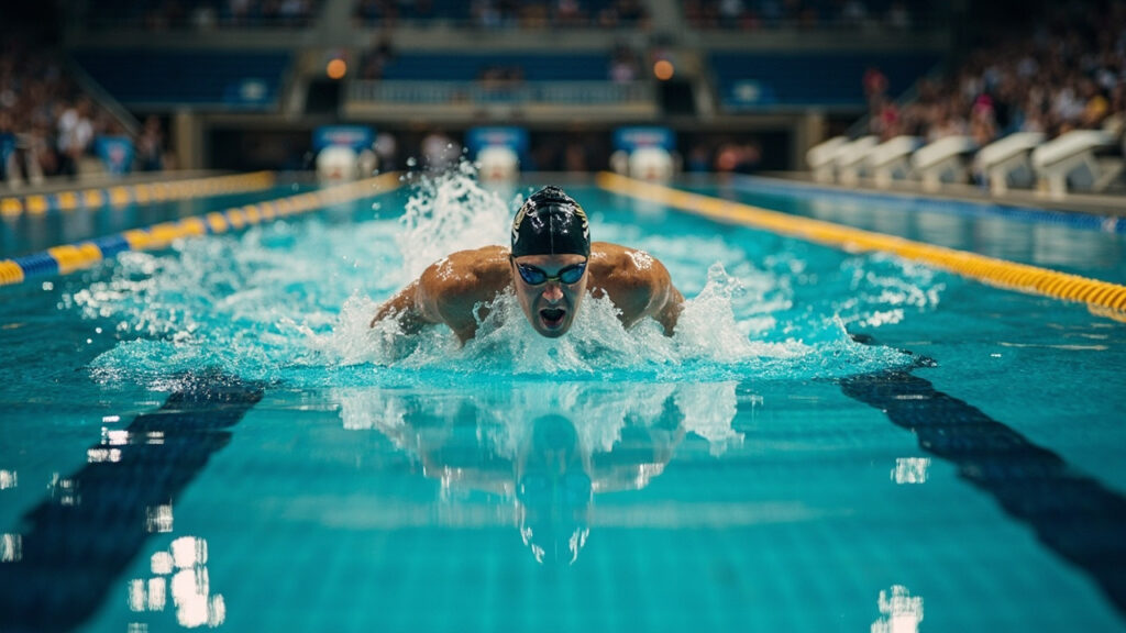 A male swimmer mid-stroke in a competition pool, water splashing around him as he powers through the centre lane under bright arena lights,
