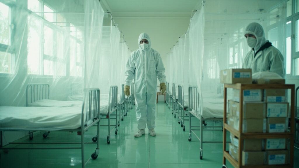 Medical staff in full protective suits work inside a field treatment facility during an infectious disease outbreak response.