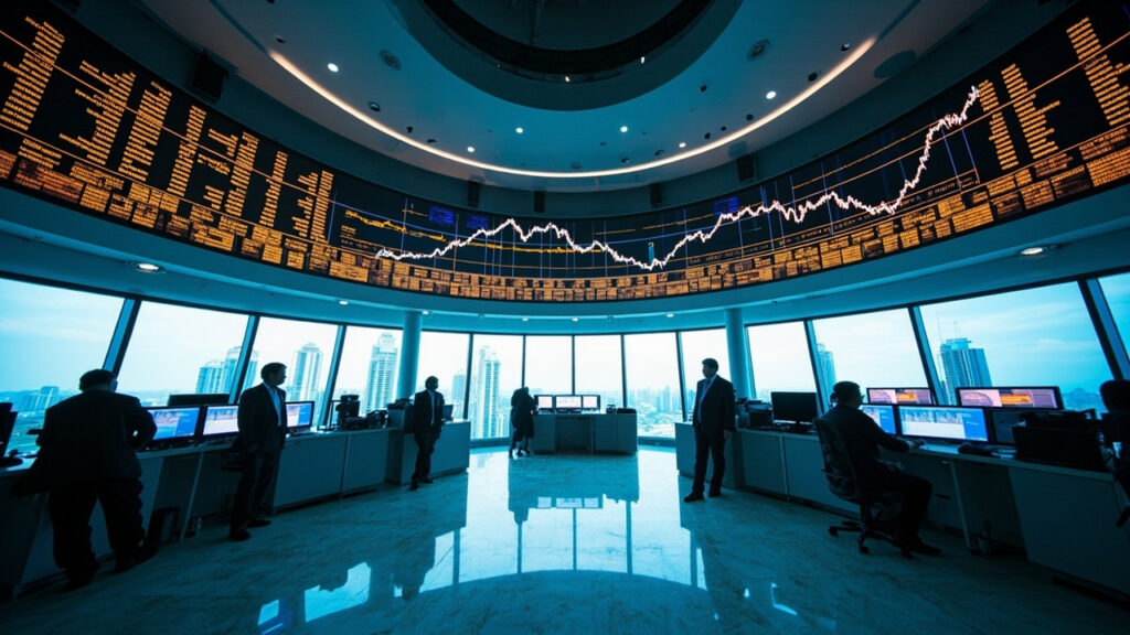 A modern African financial district with glass office towers and a stock exchange trading floor showing digital market data screens.