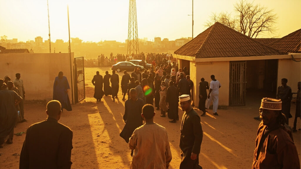 A wide view of a political gathering outside a Nigerian party office compound, with party supporters and officials in traditional attire con