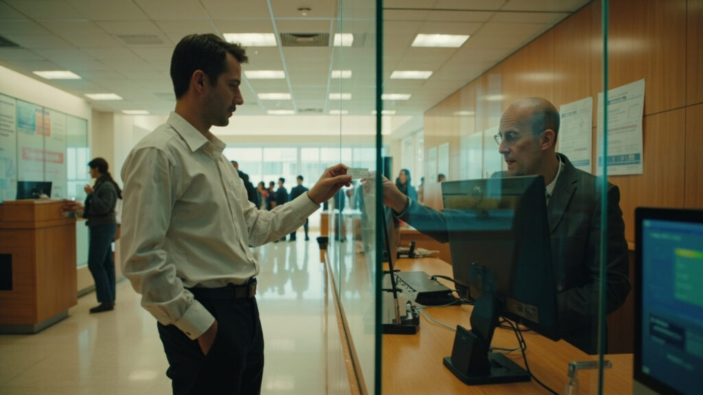 A customer at a glass service counter in a modern bank branch hands over an identification card to a seated officer who reviews the details