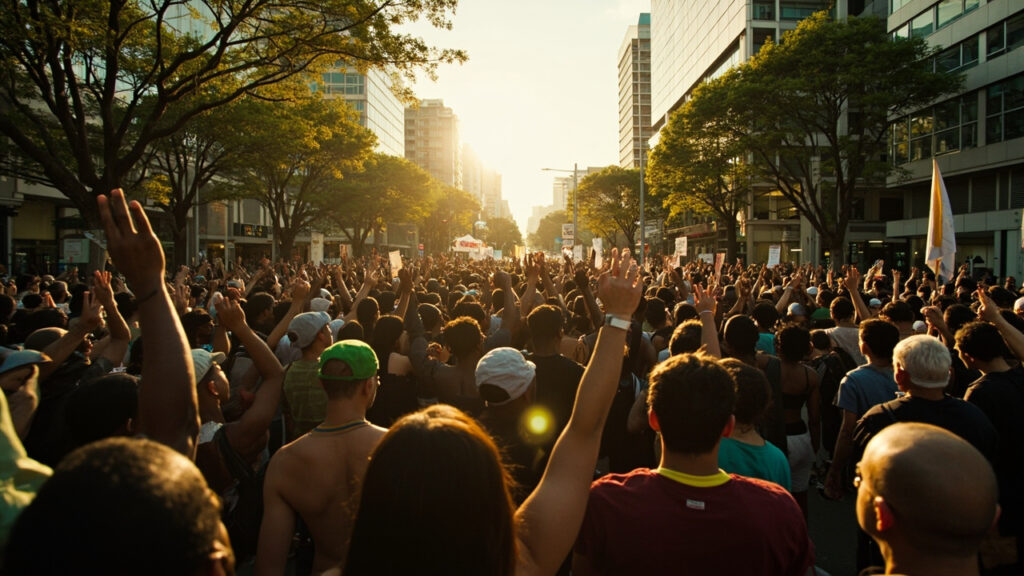 A wide-angle photograph of a public demonstration in an urban Kenyan street, with a crowd of citizens gathered at midday in a city centre se