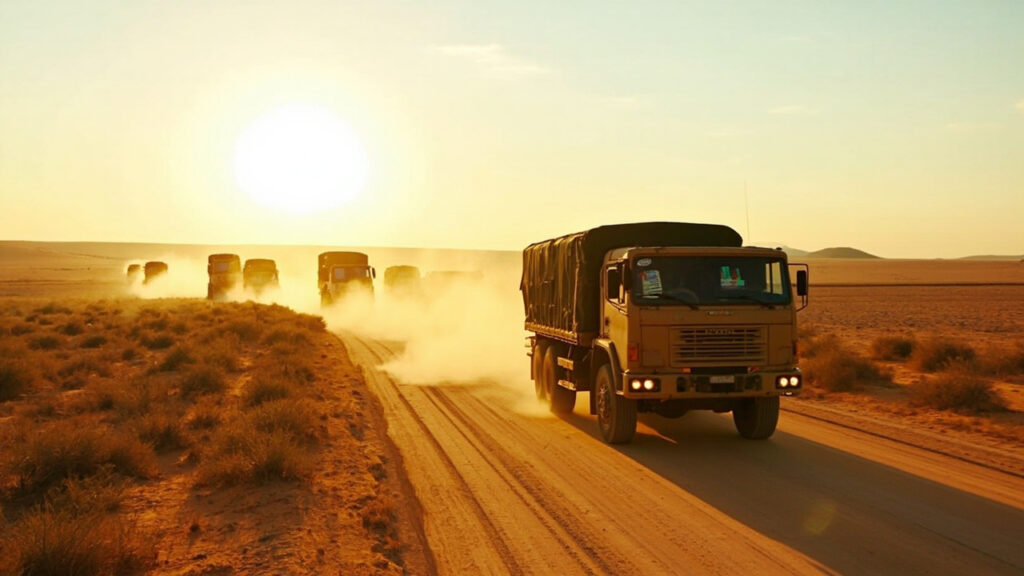 A long convoy of military trucks driving along a dusty dirt road through vast, arid Sahelian terrain under a pale sky.
