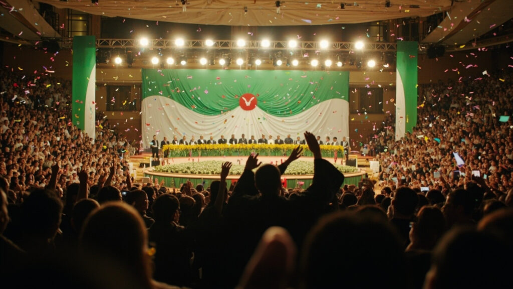 A formal political party ceremony with officials on a decorated stage addressing a packed convention hall of cheering attendees.