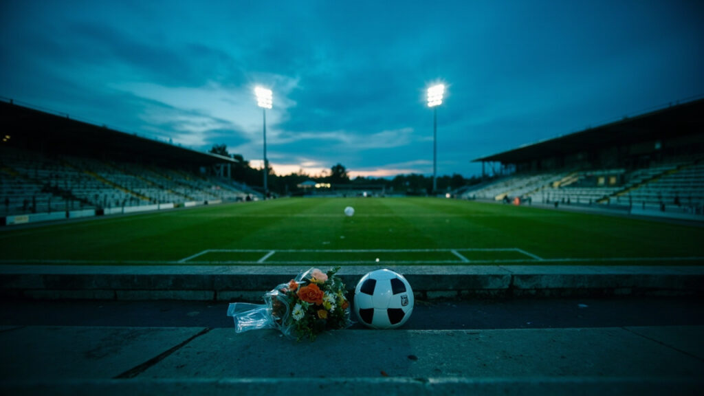 An empty football pitch at a South African stadium at dusk, with a single football resting on the grass near the centre spot and a small bou