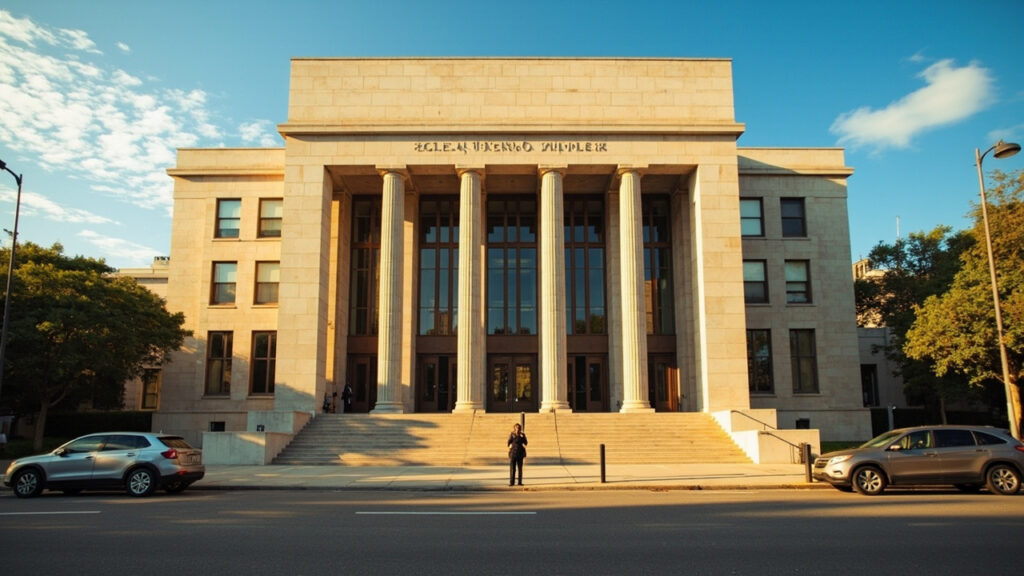Exterior view of a large concrete courthouse building with a uniformed officer near the entrance, parked vehicles along the street, and pede
