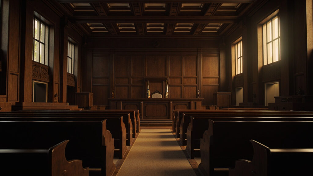 A formal courtroom interior with dark wooden paneling, rows of empty spectator benches, and a raised judicial bench beneath tall arched wind
