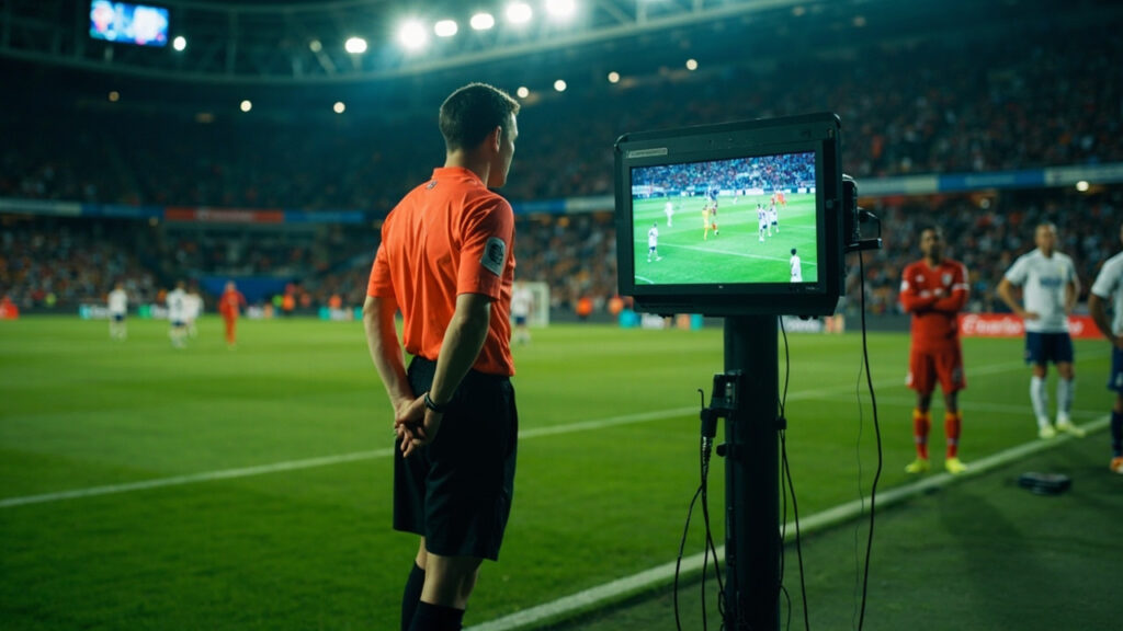 A referee stands at a pitch-side VAR monitor reviewing a decision during an international football match, with players in contrasting kits w