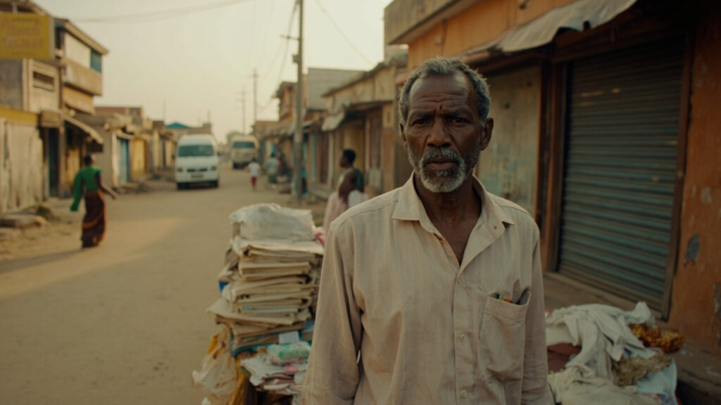 A man in his forties standing beside a roadside stall in a West African urban neighbourhood, with small concrete shops lining the street beh