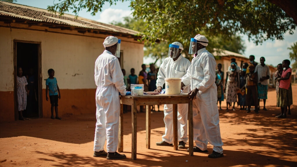 Two figures in white protective suits consult with community members beside a wooden table at an outdoor rural health post in a tropical Afr