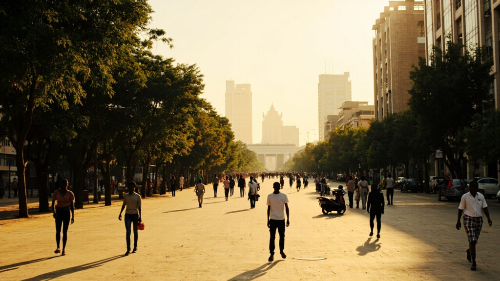 A wide daytime view of an African capital city with tree-lined streets, modern government and office buildings, and a hazy distant skyline.