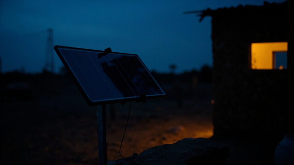 A small off-grid solar panel mounted beside a modest rural dwelling at twilight, with warm yellow light glowing from a window and no power l