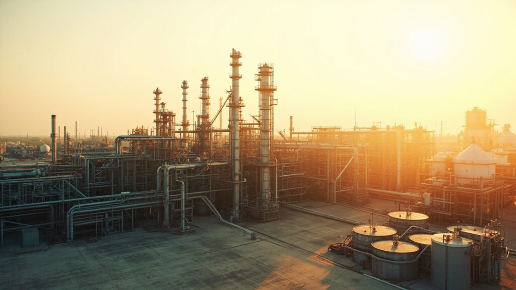 A wide photograph of a large-scale oil refinery complex with industrial towers, pipes and storage tanks stretching to the horizon under a cl