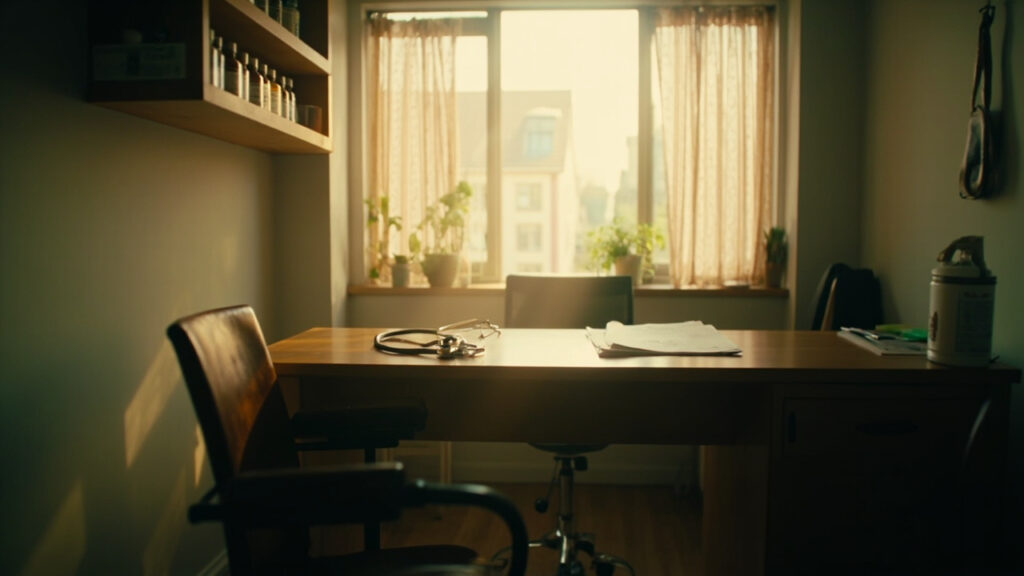A modest medical consulting room with a wooden desk, a stethoscope, and shelves of medical supplies, bathed in soft natural light from a win