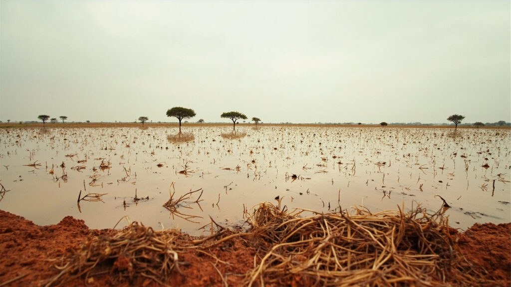 A wide rural landscape with muddy floodwaters covering former farmland, showing damaged crops and washed-out soil under an overcast sky.