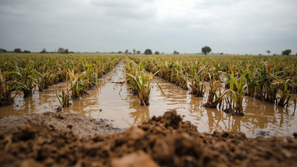 A waterlogged maize field with partially submerged crop stalks and muddy floodwater stretching across flat rural terrain under an overcast s