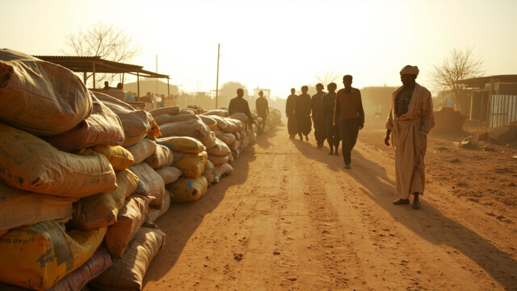 Aid workers distributing food supplies at an outdoor distribution point in a dusty arid setting.