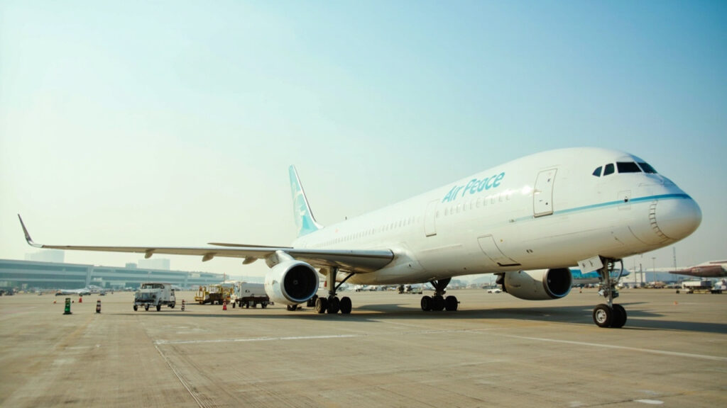 A commercial passenger aircraft on the tarmac at a Nigerian airport with airline branding visible on the fuselage.
