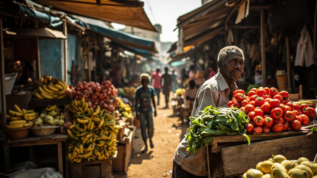 A bustling open-air market with wooden stalls piled high with fresh produce under canvas awnings.