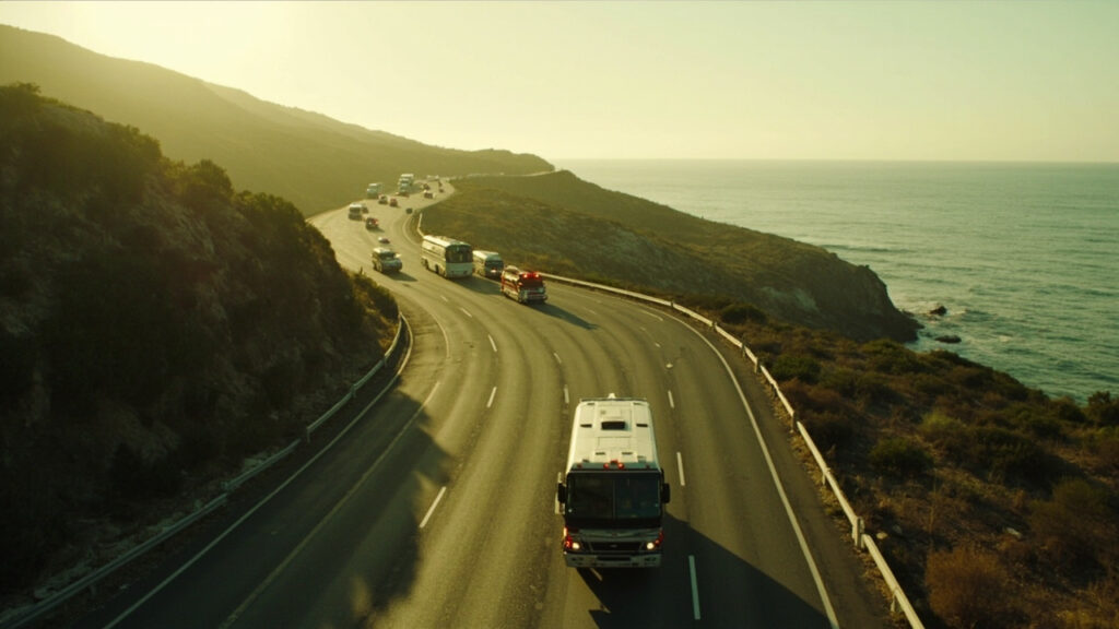 A passenger coach pulled over on a coastal Mediterranean highway near Boumerdes, with emergency vehicles gathered at the roadside and the hi