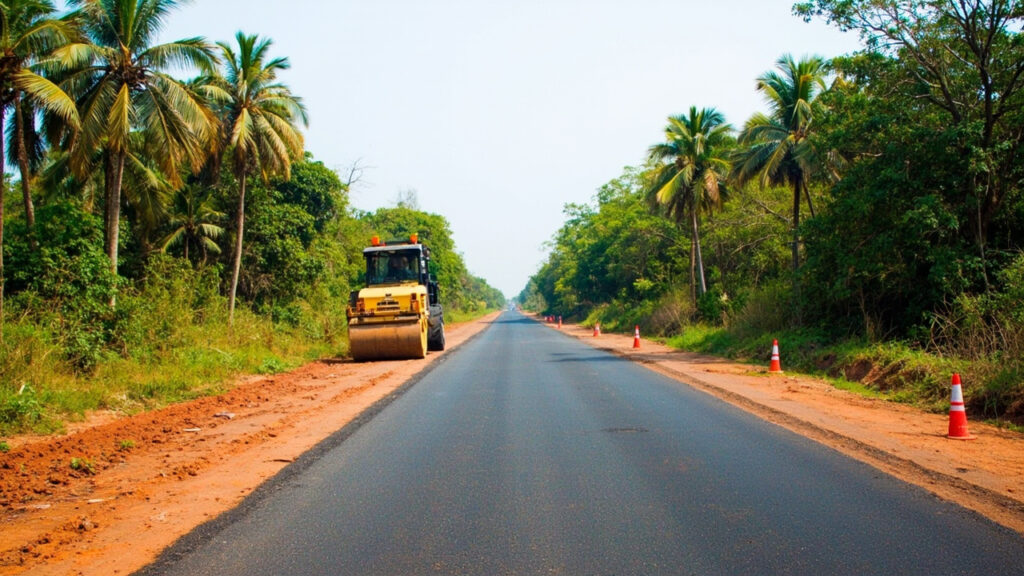 A multi-lane highway under construction cutting through tropical vegetation in Nigeria, with fresh asphalt and road-laying equipment.