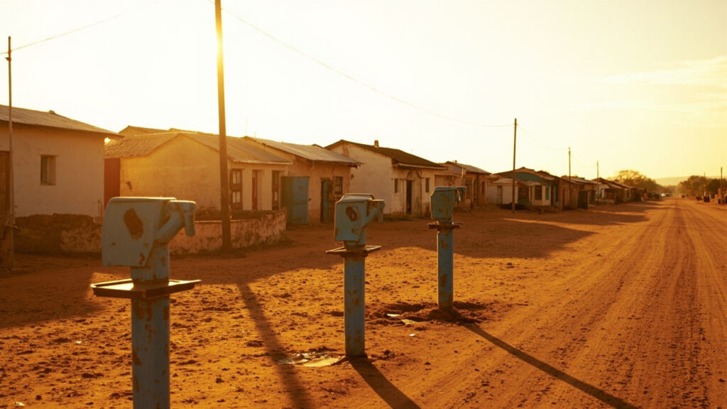 Communal water taps and modest housing in a South African township, illustrating the basic services at the heart of the manifesto pledge.