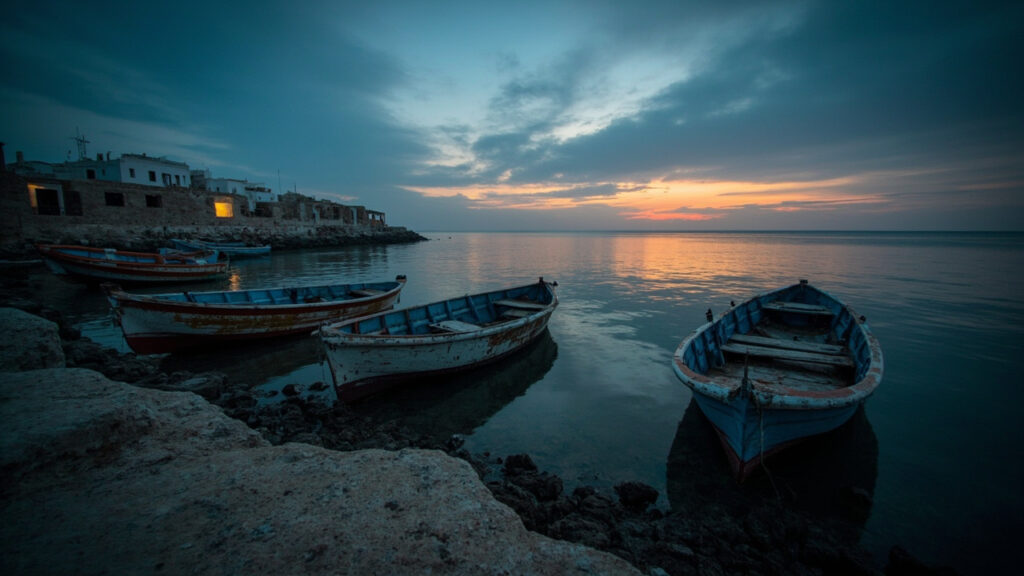 Small fishing boats moored near an informal coastal port on the Tunisian shoreline at dusk.