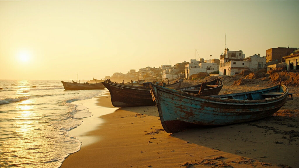 A view of the Mediterranean coastline with calm sea and distant boats near a North African port.