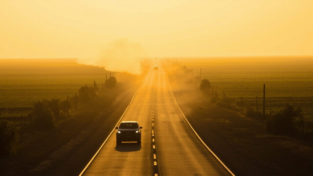 A rural road in the Egyptian Nile Delta at dusk, with agricultural fields on either side and a vehicle in the distance.