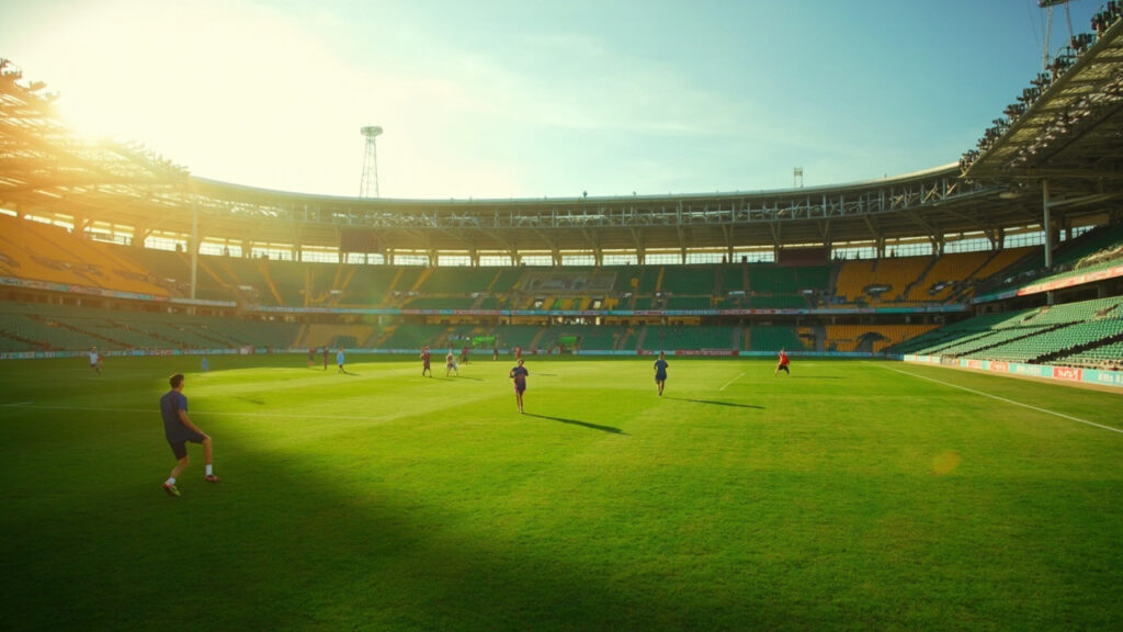 A wide view of a large East African football stadium with players training on the pitch and the main grandstand visible in the background.