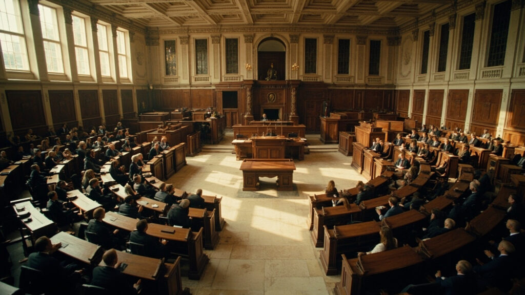 An interior view of a parliamentary chamber with curved rows of wooden desks and mid-distance figures in formal attire seated at the desks.