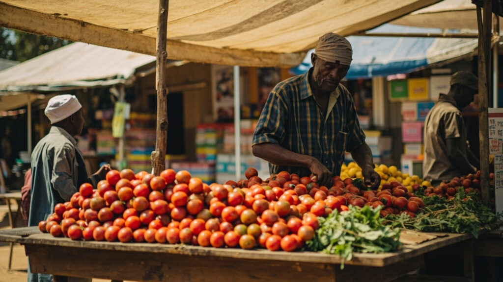A small open-air market stall in Kenya with fresh produce arranged on a wooden table under a canvas awning, a trader working mid-distance.