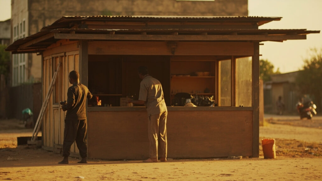 A roadside kiosk in a Kenyan neighbourhood where a person seen from behind uses a mobile phone, with small unbranded goods on the counter.
