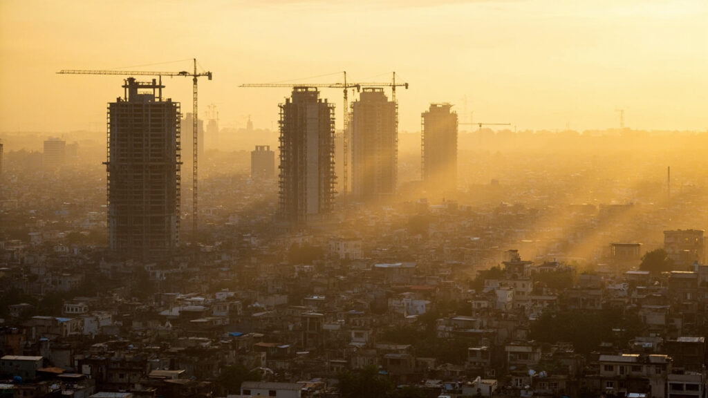A photograph of high-rise buildings under construction in a major Nigerian city, with cranes against the skyline.