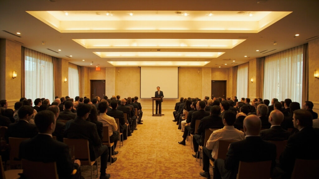 A wide view of a hotel conference ballroom with an audience seated facing a speaker at a podium, under warm overhead lighting.