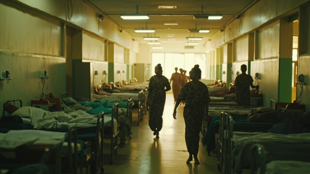 A crowded hospital maternity ward corridor with closely packed metal beds, medical staff moving through, and warm natural light at one end.